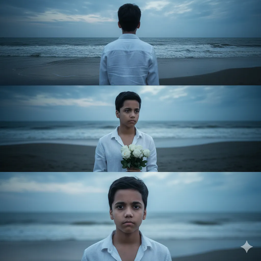 A vertical triptych (three-panel image collage) of a handsome young man standing on a beach at dusk.
