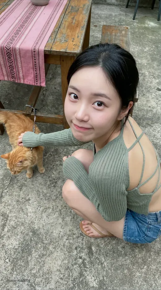 年轻的亚洲女生蹲坐在水泥地的庭院中