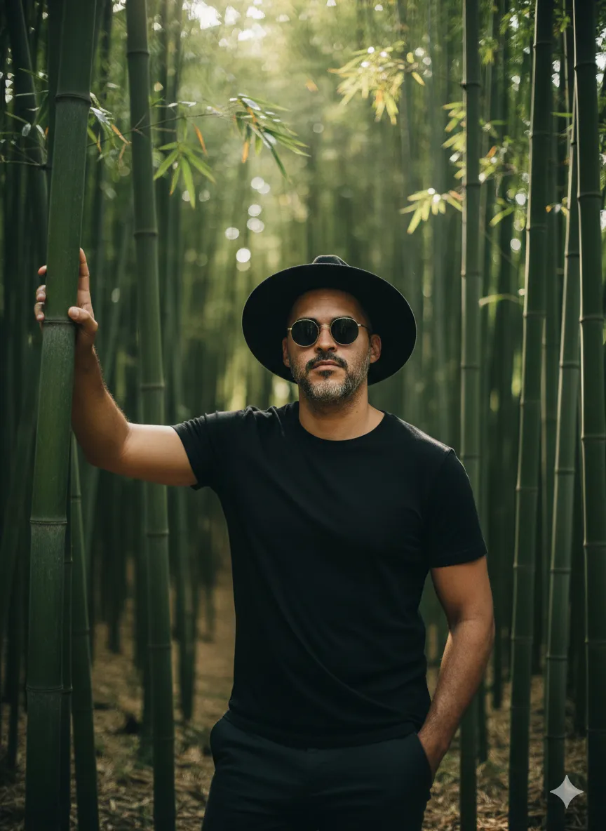 homem estiloso com chapéu entre os bambús