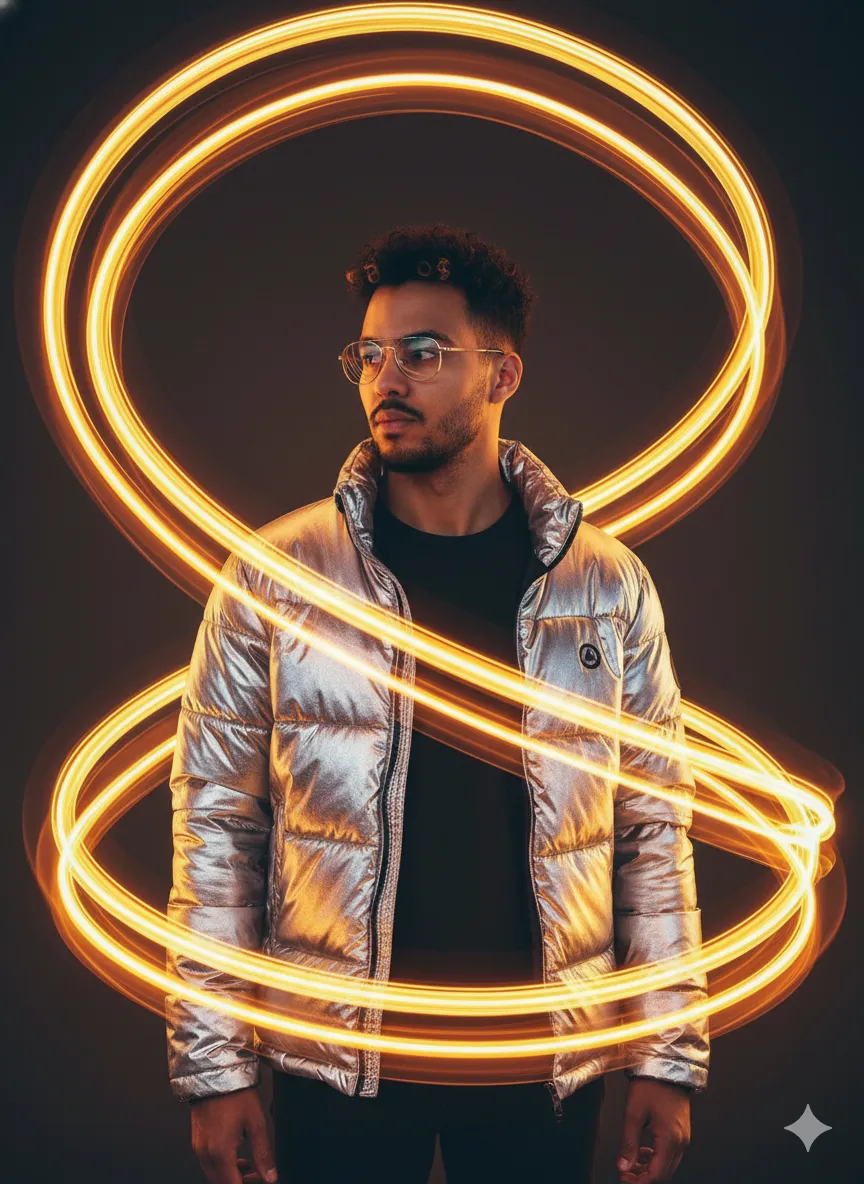 Prompt Editorial — Retrato Masc. em Ambiente Escuro com Estética de Luz Cinética e Moda Techwear