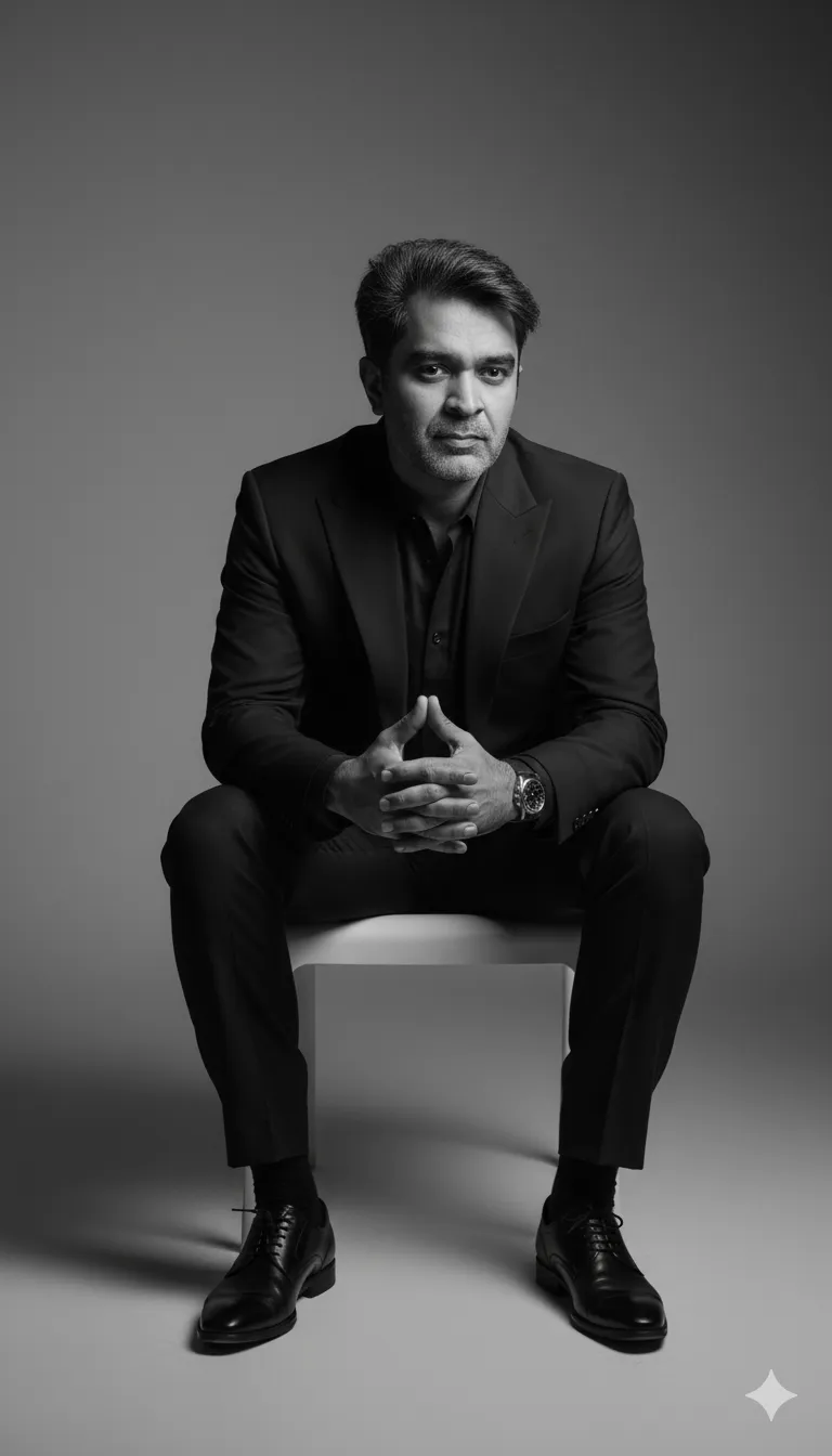 Edit this image of a man into a black and white artistic portrait in a minimalist fashion studio. He
