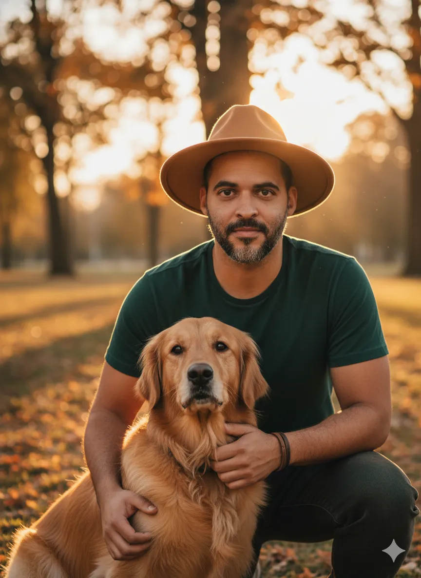 Foto de primavera e outono com homem e seu cachorro de estimação no parque
