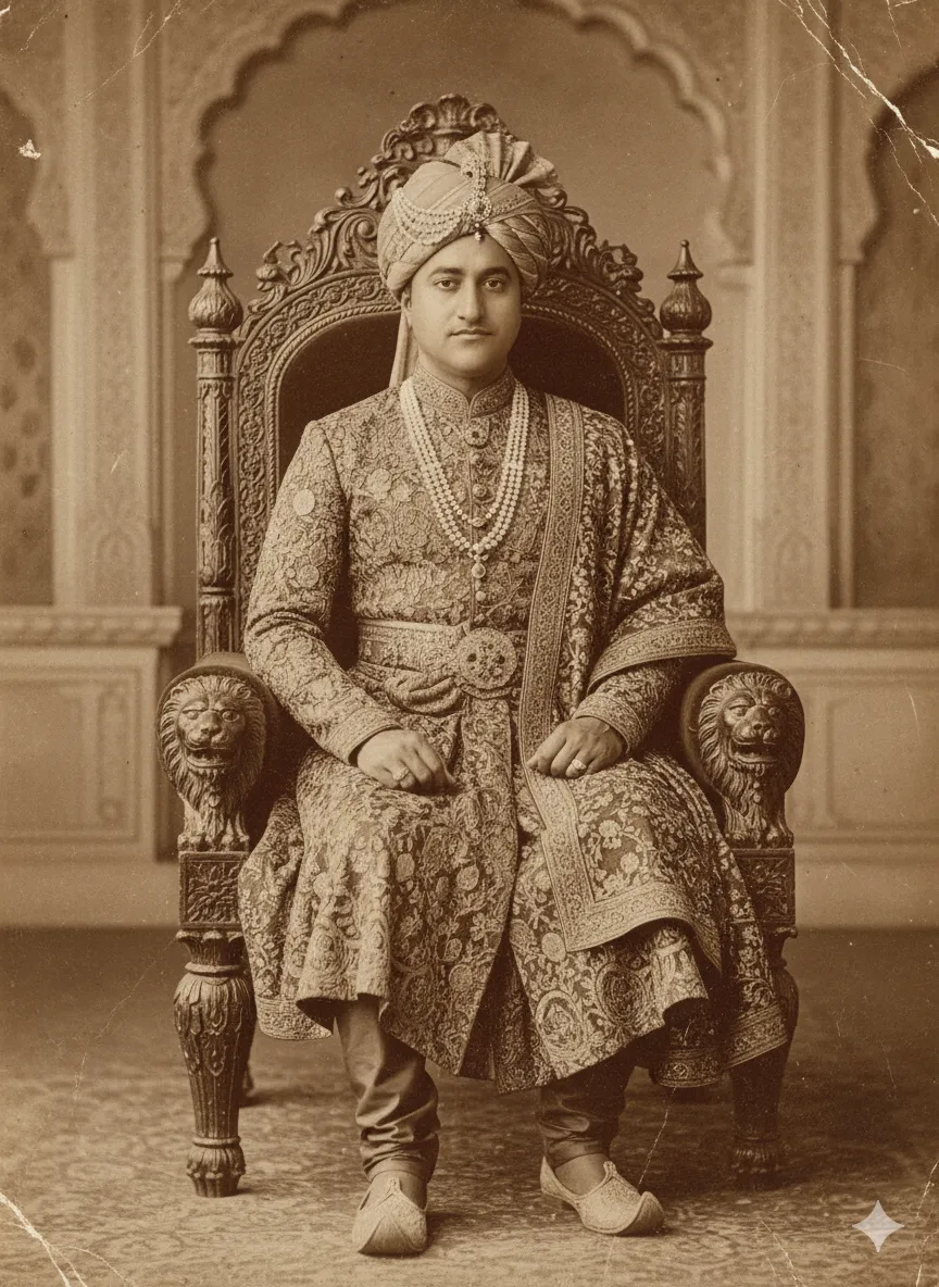 Throne-Seated Rajput King — Fully Unified Vintage & Damaged 1800s Archival Look