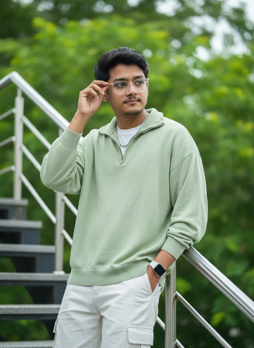 Ultra-realistic half-body cinematic portrait of a young man styled in green sweater and white cargo