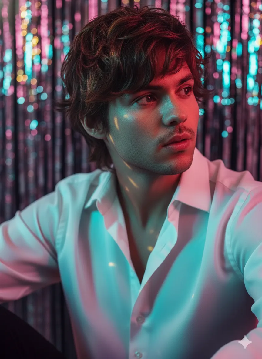 Retrato Masculino em Ambiente Noturno com Luzes Prismáticas e Estilo Retrô-Futurista