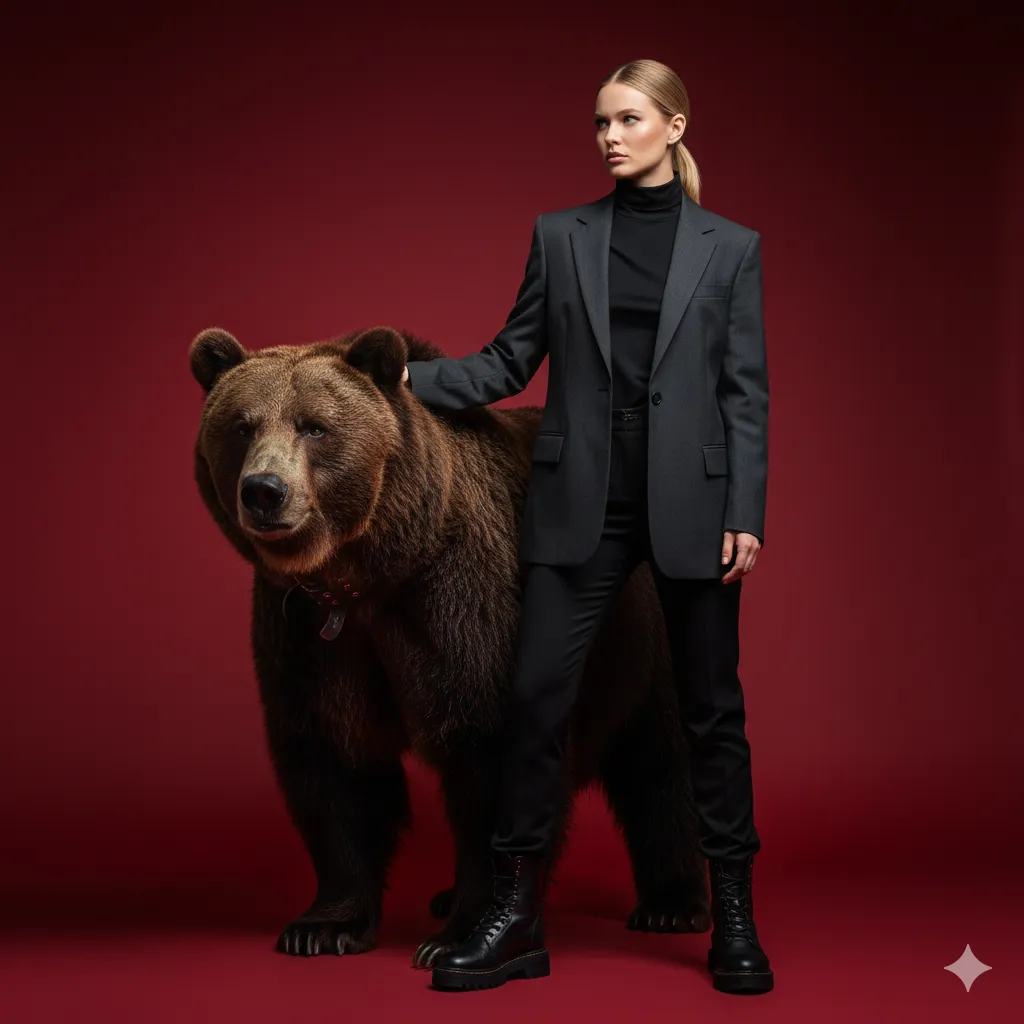 “Elegance Meets the Wild: A Fashion Muse in the Company of a Bear”