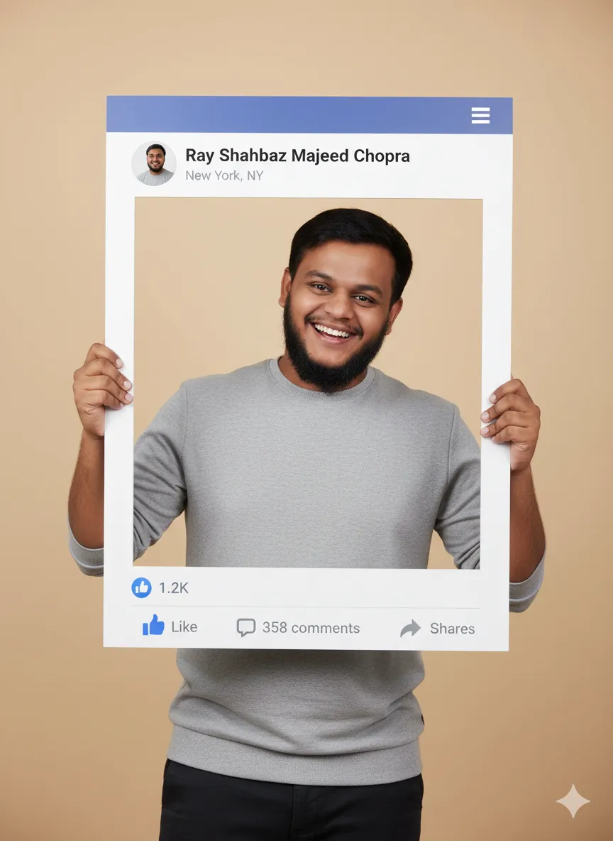 A cheerful man holding a Facebook frame with Ray Shahbaz Majeed Chopra’s profile