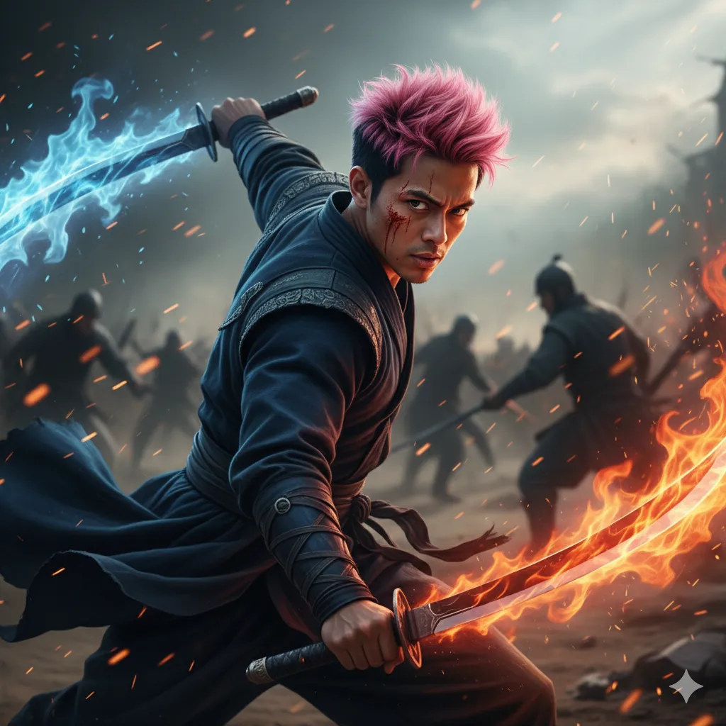 Fiery sword fighting action