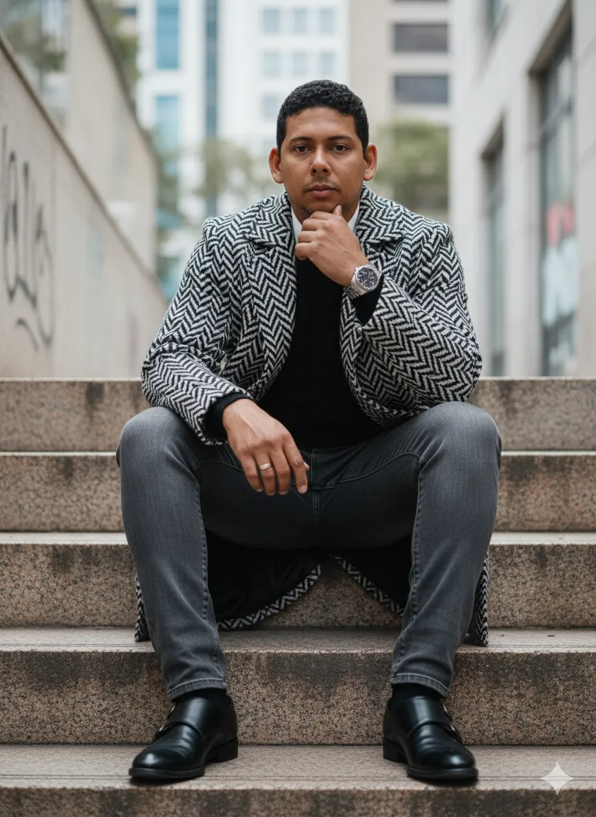 Retrato fotográfico masculino em estilo editorial de moda urbana