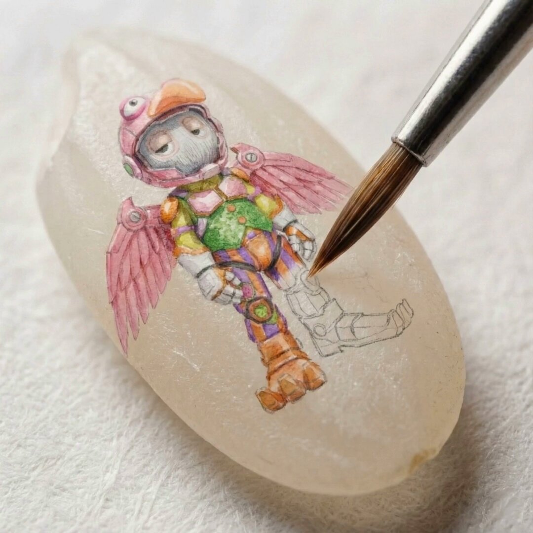 Macro View of Rice-Grain Painting in Progress