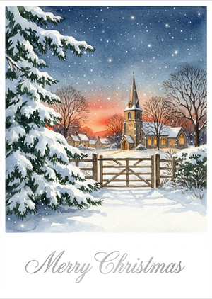 Vintage Watercolor Winter Village Church