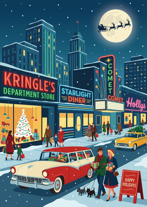 Retro 1950s Christmas City Street