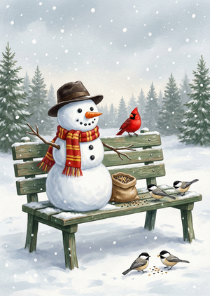 Snowman and Birds on Park Bench