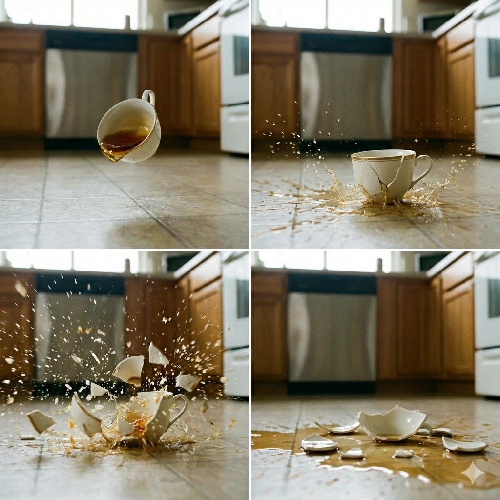 4-Panel Image of a Falling and Breaking Teacup - Image 1