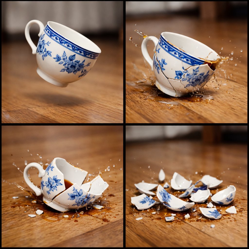 4-Panel Image of a Falling and Breaking Teacup - Image 2