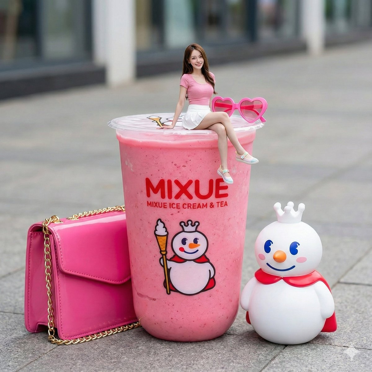Miniature Girl Sitting on Coffee Cups - Image 1