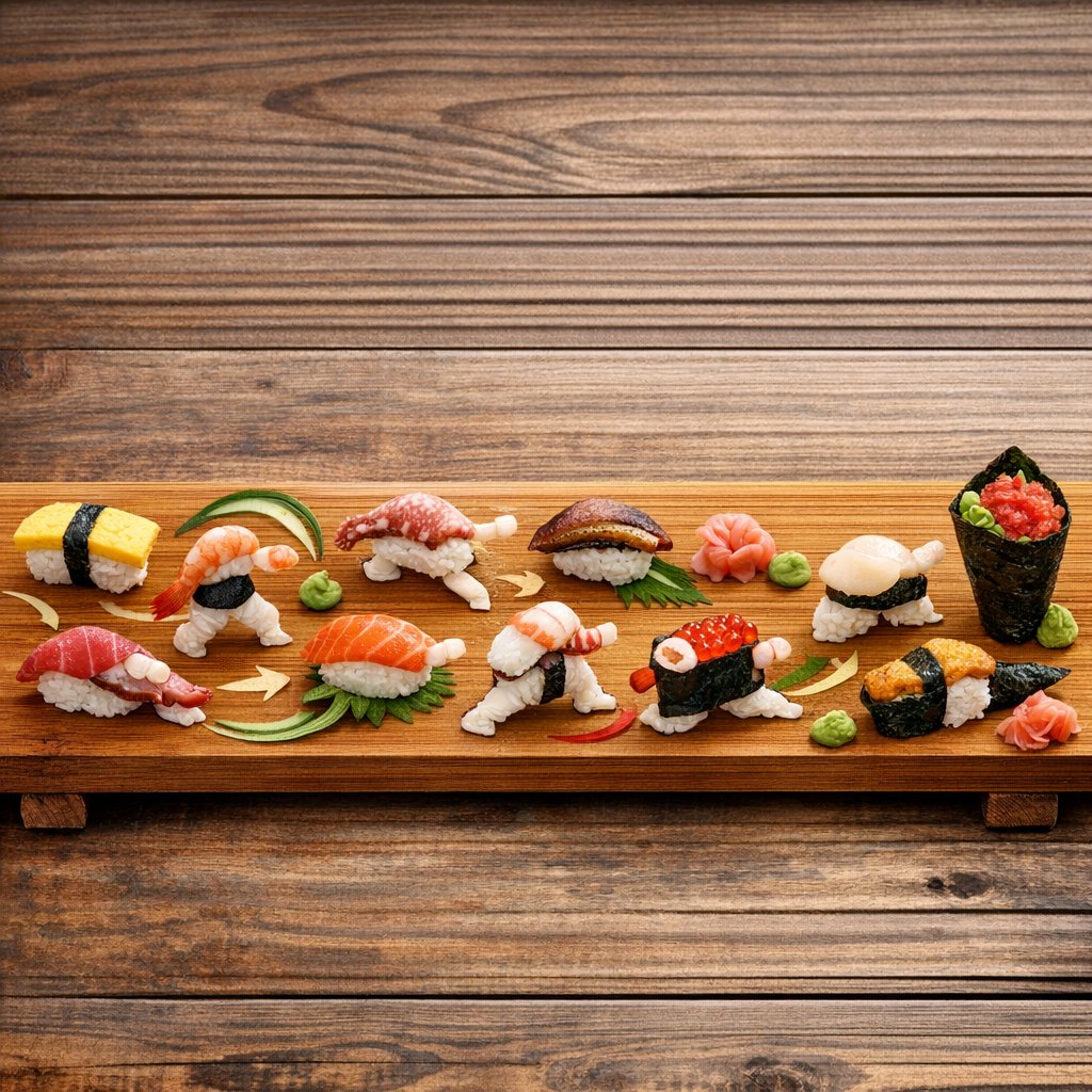 Sushi Kata/Forms Movement Arrangement on a Wooden Board - Image 2